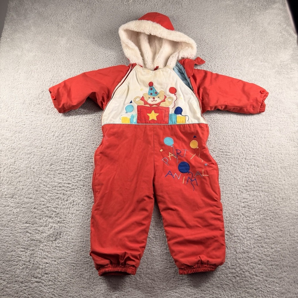 VINTAGE 80s Mighty Mac Baby Snow Suit 18 Months Red Teddy Bear Party Fur Lined